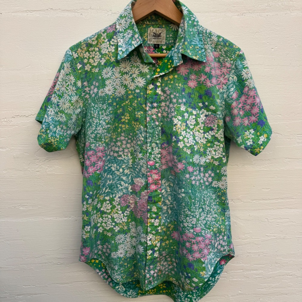 Mark McNairy Button Down Shirt S Green Floral Short Sleeve Mens Vintage USA